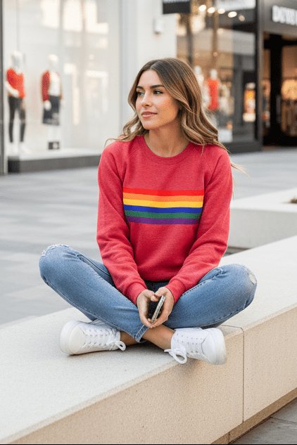 Damen Vintage Regenbogen-Gestreiftes Langarm-Sweatshirt Rundhals
