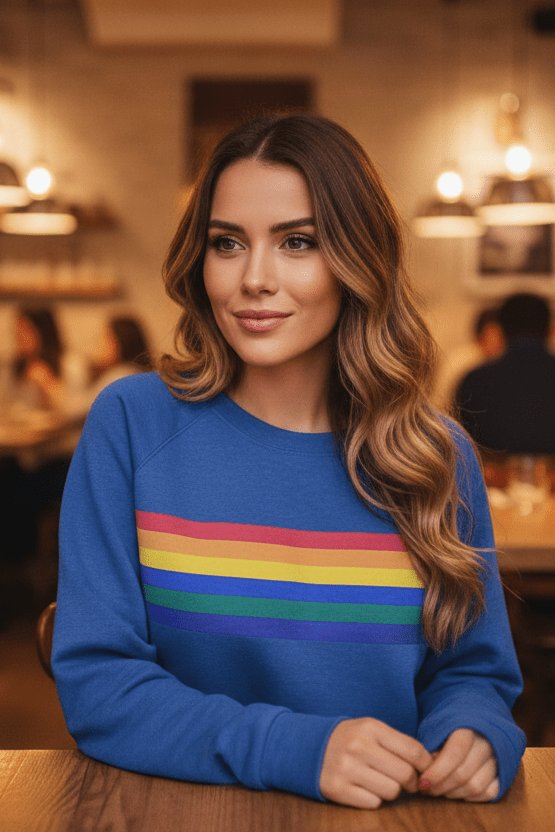 Damen Vintage Regenbogen-Gestreiftes Langarm-Sweatshirt Rundhals