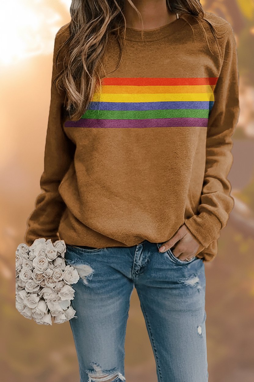 Damen Vintage Regenbogen-Gestreiftes Langarm-Sweatshirt Rundhals - Yellow