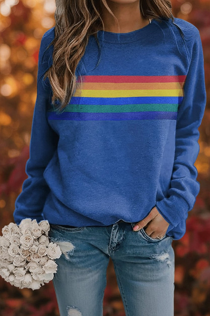 Damen Vintage Regenbogen-Gestreiftes Langarm-Sweatshirt Rundhals - Blue