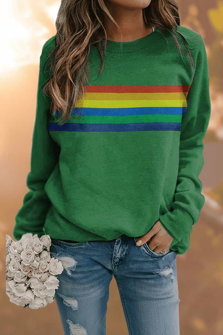 Damen Vintage Regenbogen-Gestreiftes Langarm-Sweatshirt Rundhals