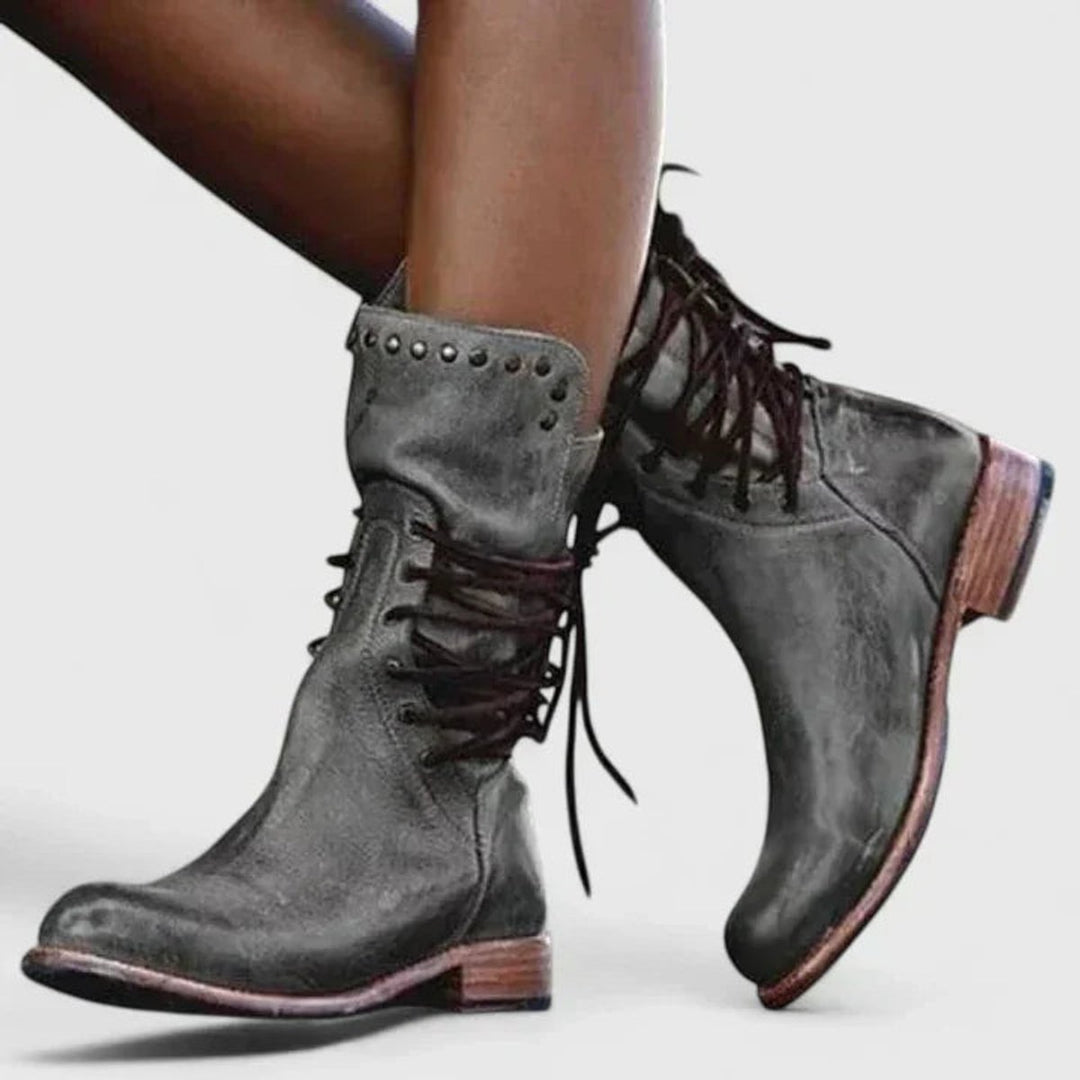 Damen Vintage Schnür-Kniehohe Stiefel mit Nietendetails - Grau