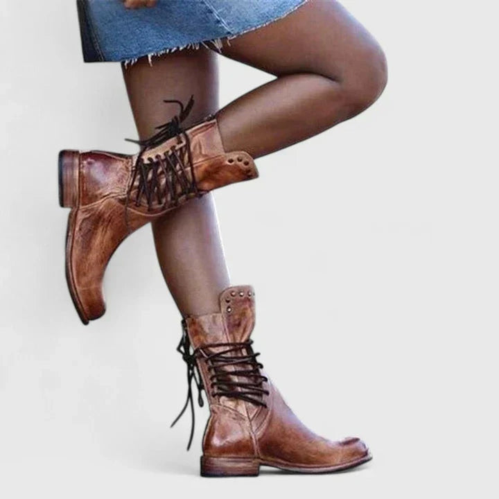 Damen Vintage Schnür-Kniehohe Stiefel mit Nietendetails