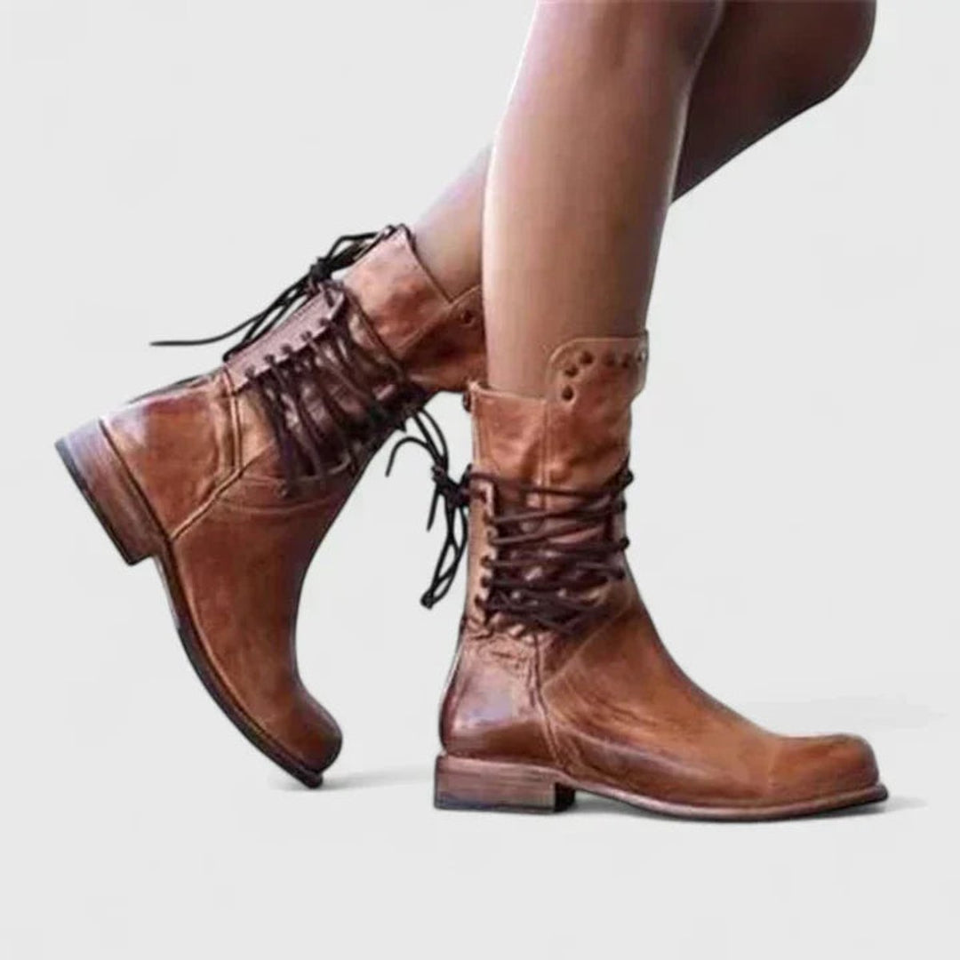 Damen Vintage Schnür-Kniehohe Stiefel mit Nietendetails - Braun
