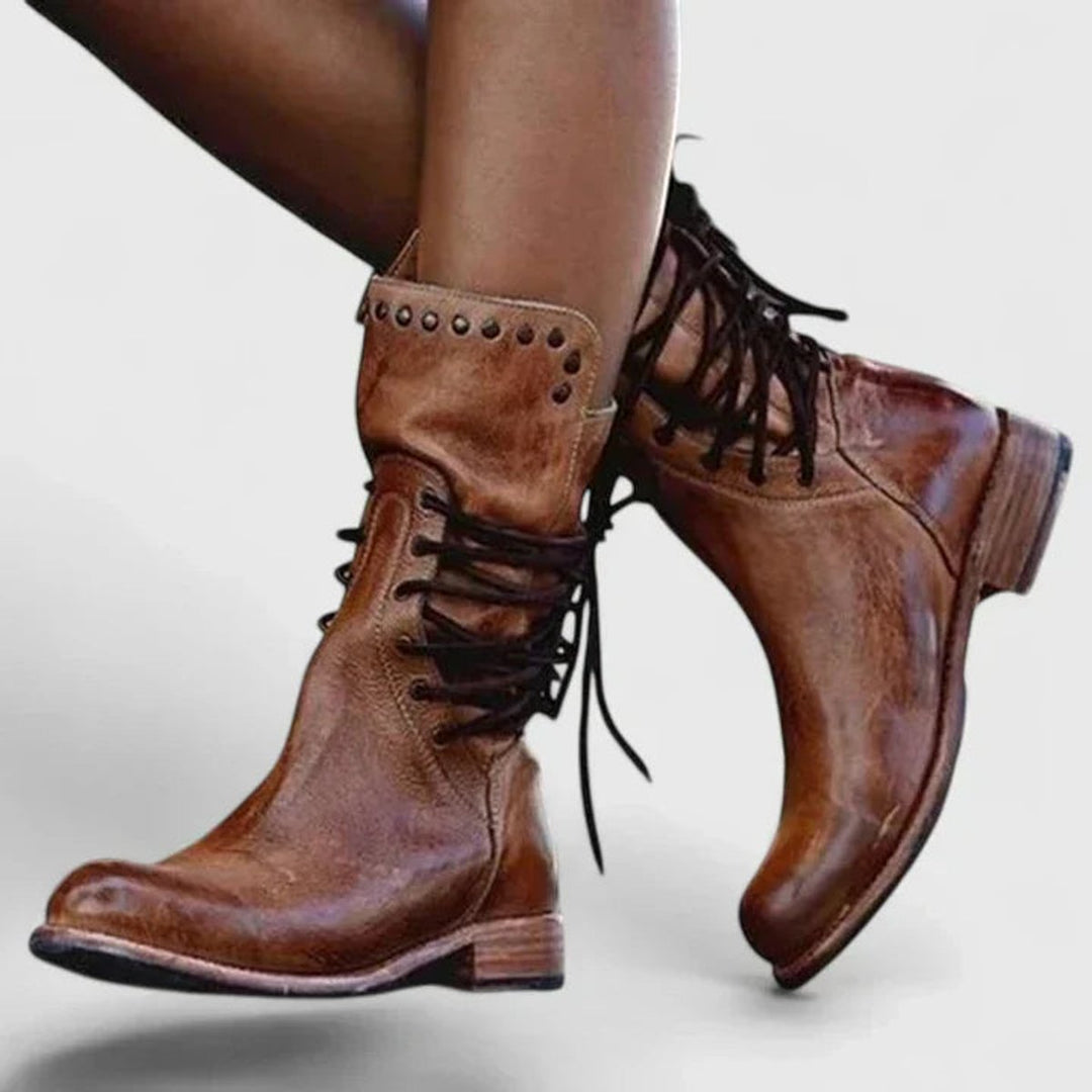 Damen Vintage Schnür-Kniehohe Stiefel mit Nietendetails
