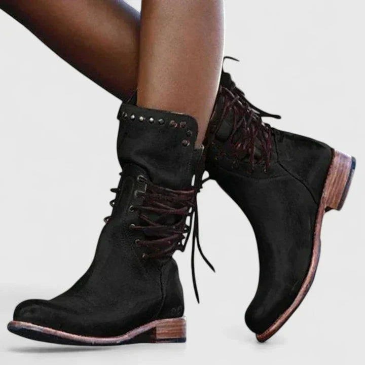 Damen Vintage Schnür-Kniehohe Stiefel mit Nietendetails - Schwarz