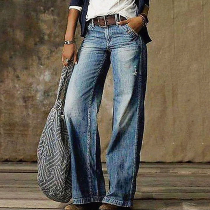 Damen Vintage Weiten Beinen Jeanshose Retro Flared Denim - Hellblau