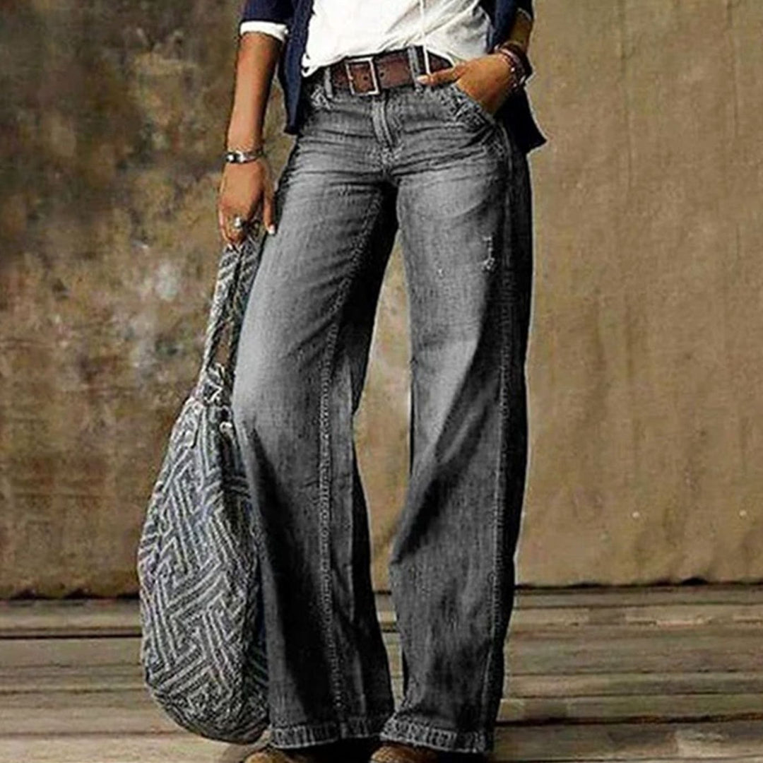 Damen Vintage Weiten Beinen Jeanshose Retro Flared Denim - Hellgrau