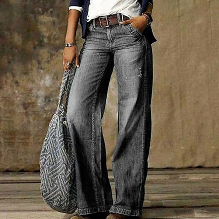 Damen Vintage Weiten Beinen Jeanshose Retro Flared Denim - Hellgrau
