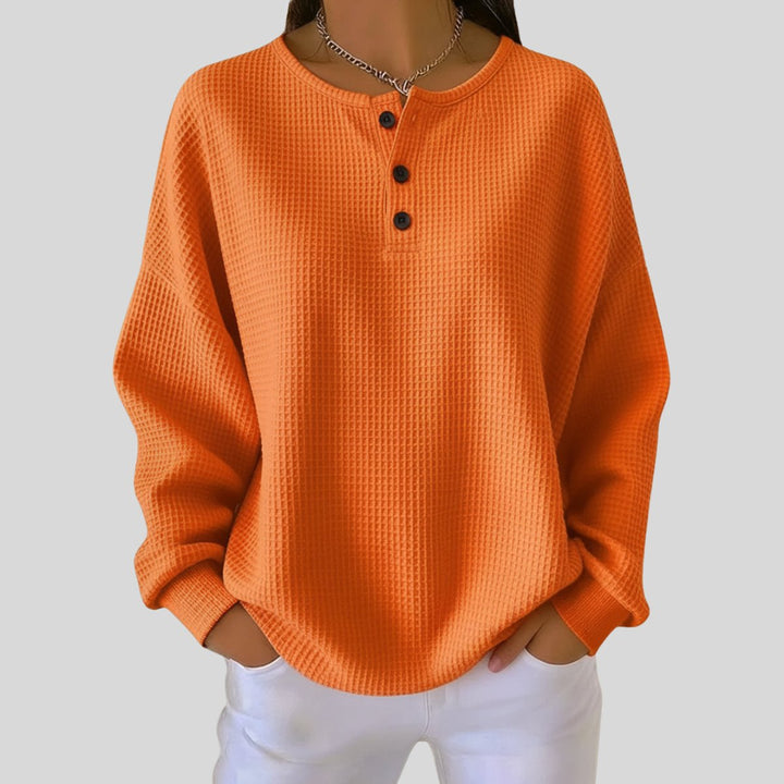 Damen Waffelstrick Knit Sweater Langarm Henley Pullover