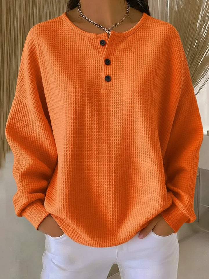 Damen Waffelstrick Knit Sweater Langarm Henley Pullover - Orange