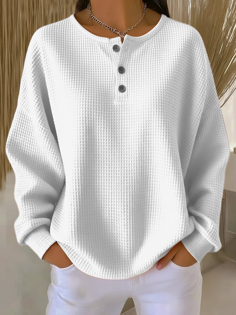 Damen Waffelstrick Knit Sweater Langarm Henley Pullover - Weiß