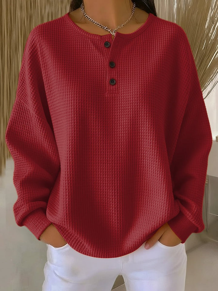Damen Waffelstrick Knit Sweater Langarm Henley Pullover - Rot