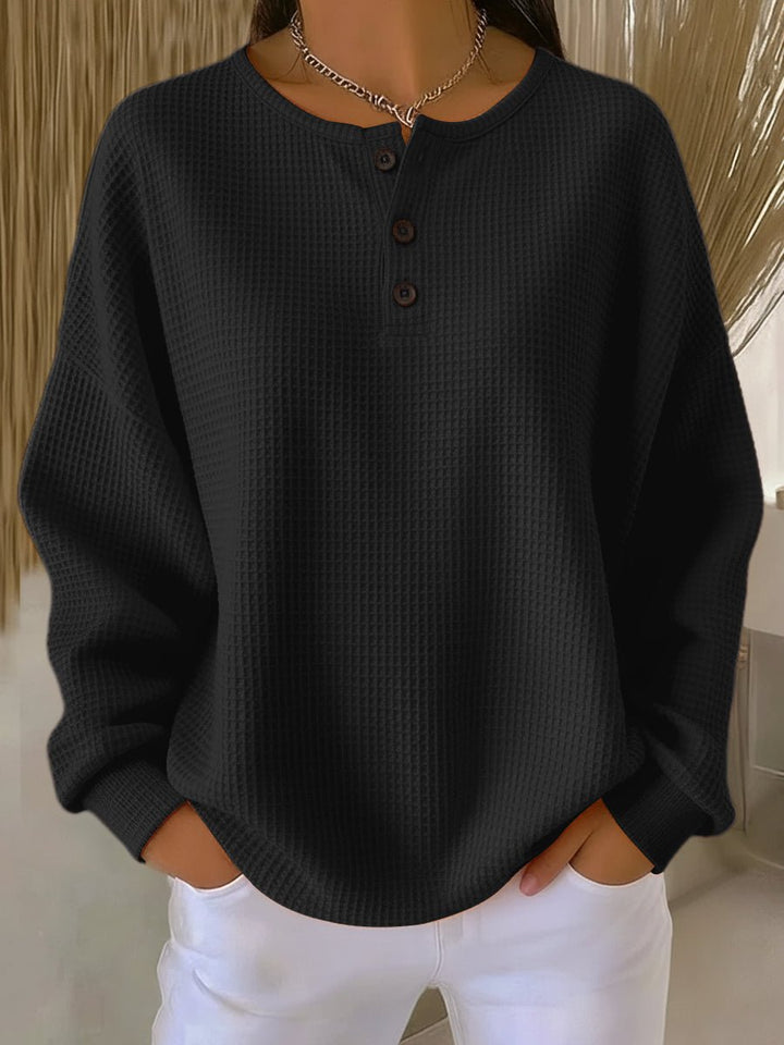 Damen Waffelstrick Knit Sweater Langarm Henley Pullover - Schwarz