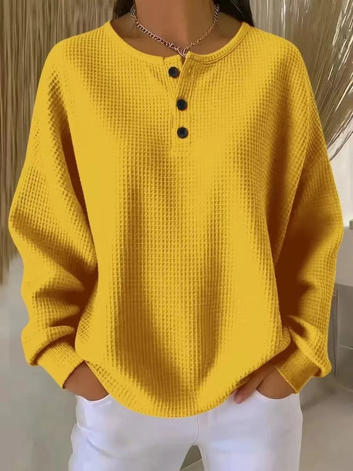Damen Waffelstrick Knit Sweater Langarm Henley Pullover - Gelb