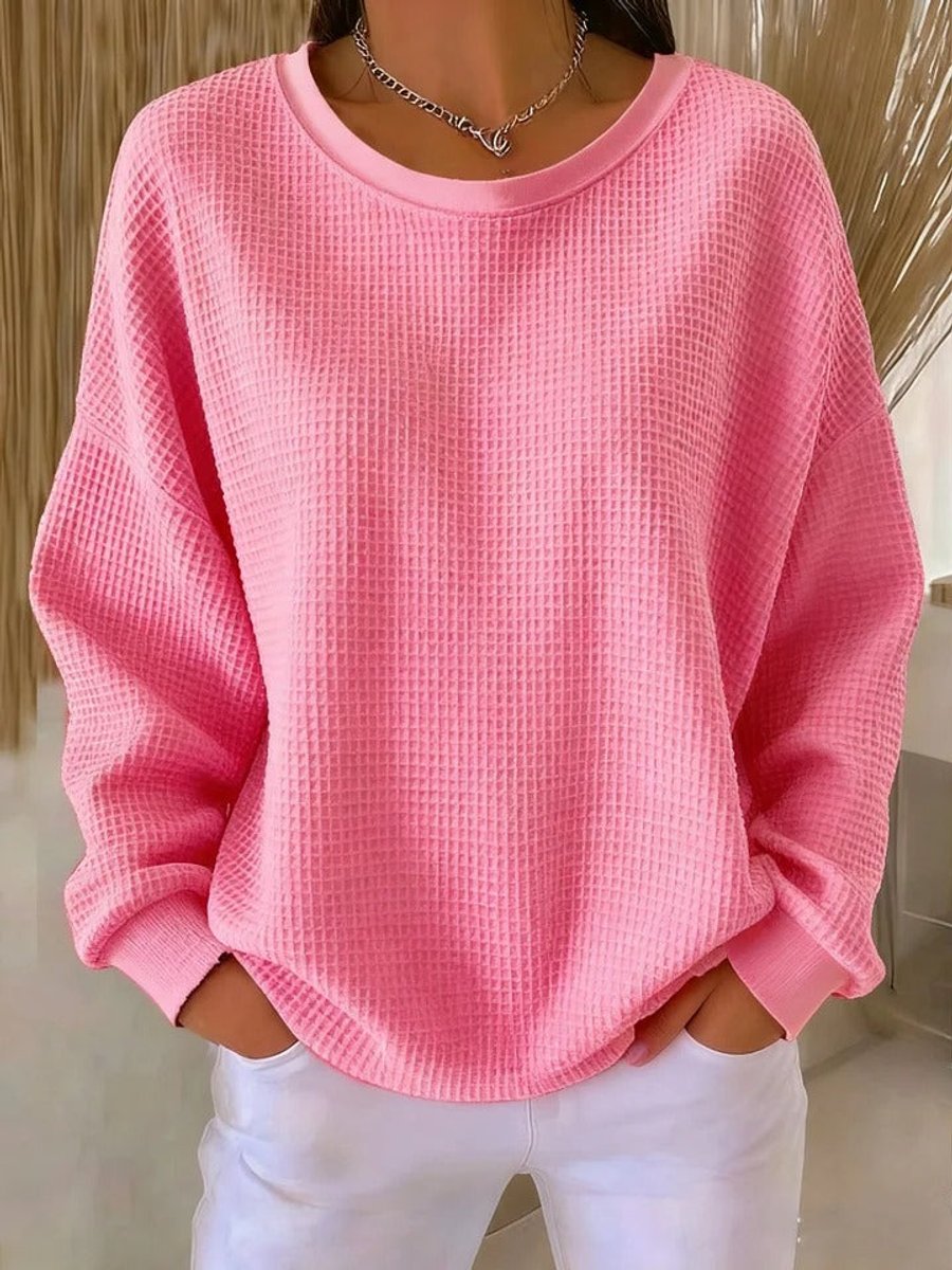 Damen Waffelstrick Oversized Rundhals Langarm Pullover - Rosa
