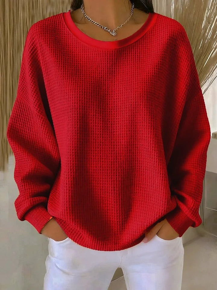 Damen Waffelstrick Oversized Rundhals Langarm Pullover - Rot