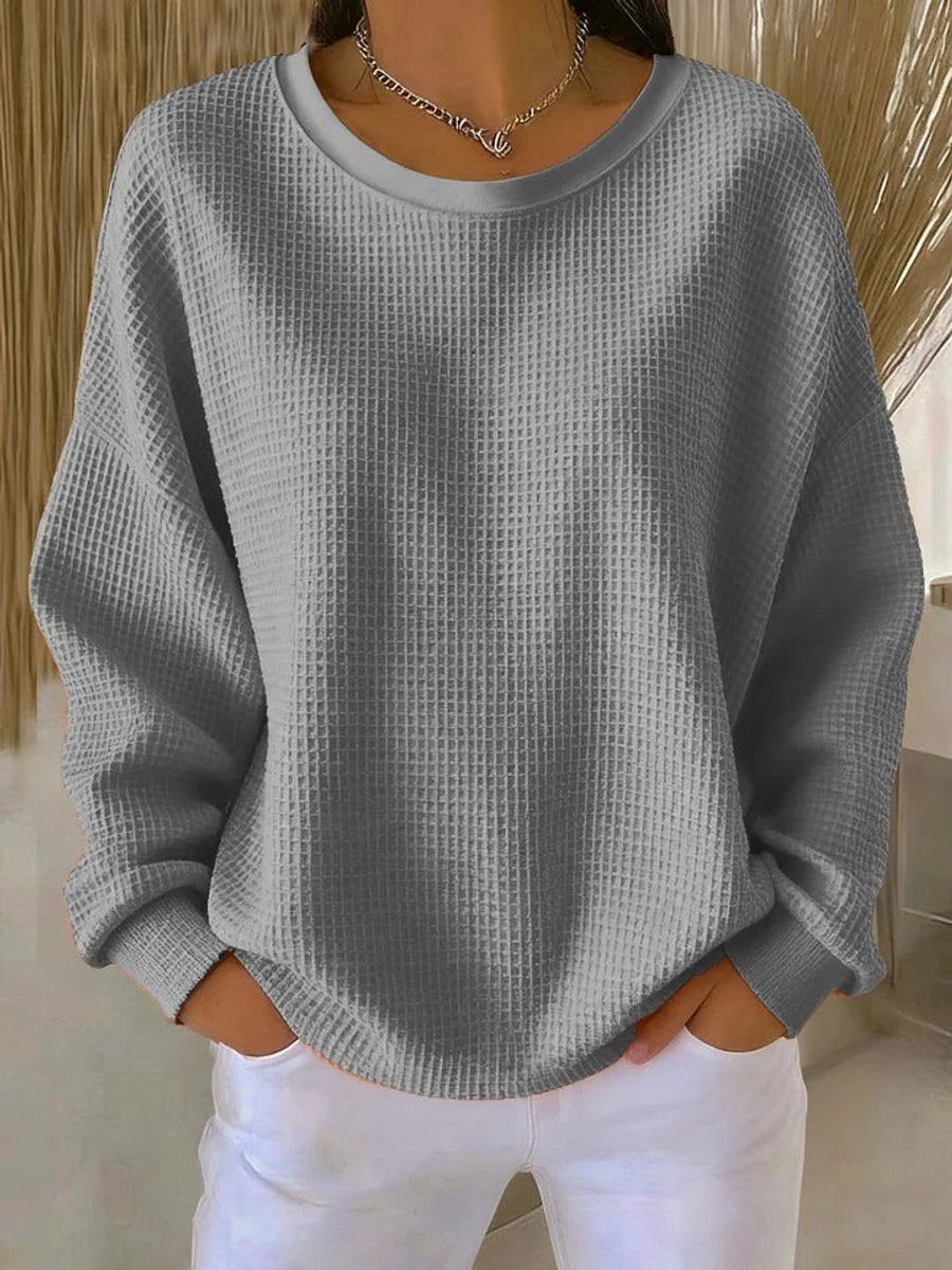 Damen Waffelstrick Oversized Rundhals Langarm Pullover - Grau