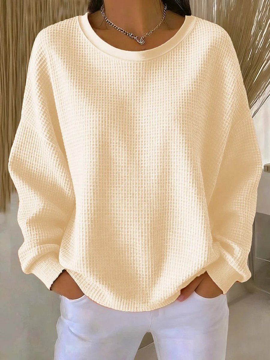 Damen Waffelstrick Oversized Rundhals Langarm Pullover - Aprikose