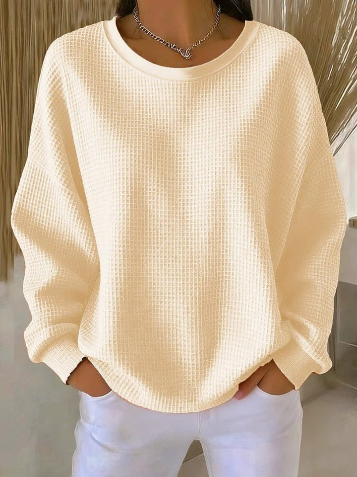 Damen Waffelstrick Oversized Rundhals Langarm Pullover - Aprikose