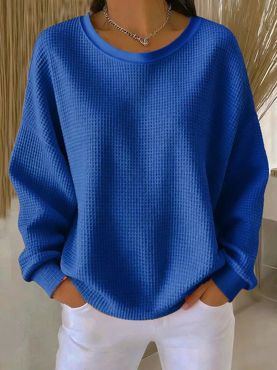 Damen Waffelstrick Oversized Rundhals Langarm Pullover - Blau