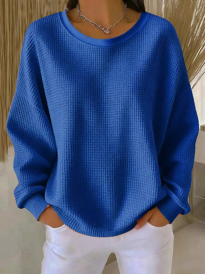 Damen Waffelstrick Oversized Rundhals Langarm Pullover - Blau
