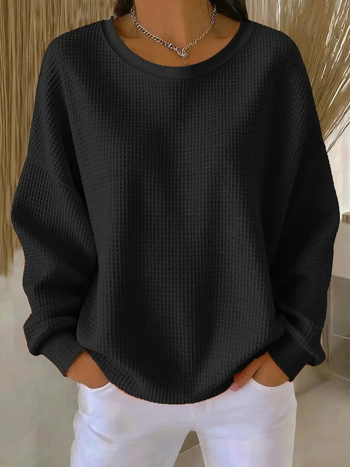 Damen Waffelstrick Oversized Rundhals Langarm Pullover - Schwarz