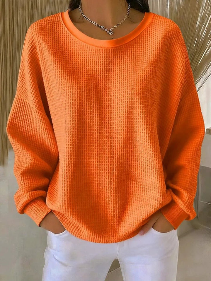 Damen Waffelstrick Oversized Rundhals Langarm Pullover - Orange