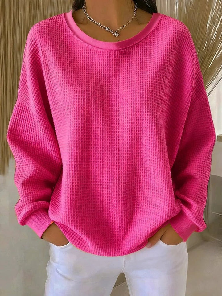 Damen Waffelstrick Oversized Rundhals Langarm Pullover - Leuchtendes Pink