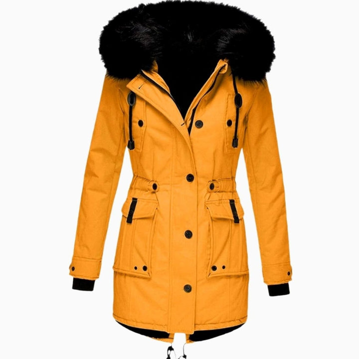 Damen Warme Longline Kapuzen Winterjacke mit Fellkragen - Gold