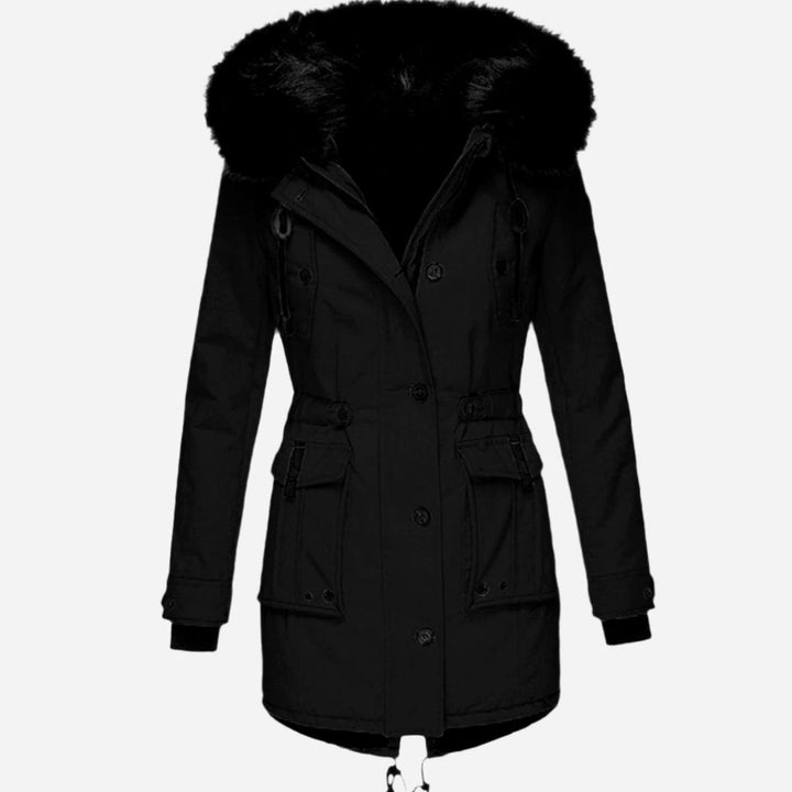 Damen Warme Longline Kapuzen Winterjacke mit Fellkragen - Schwarz