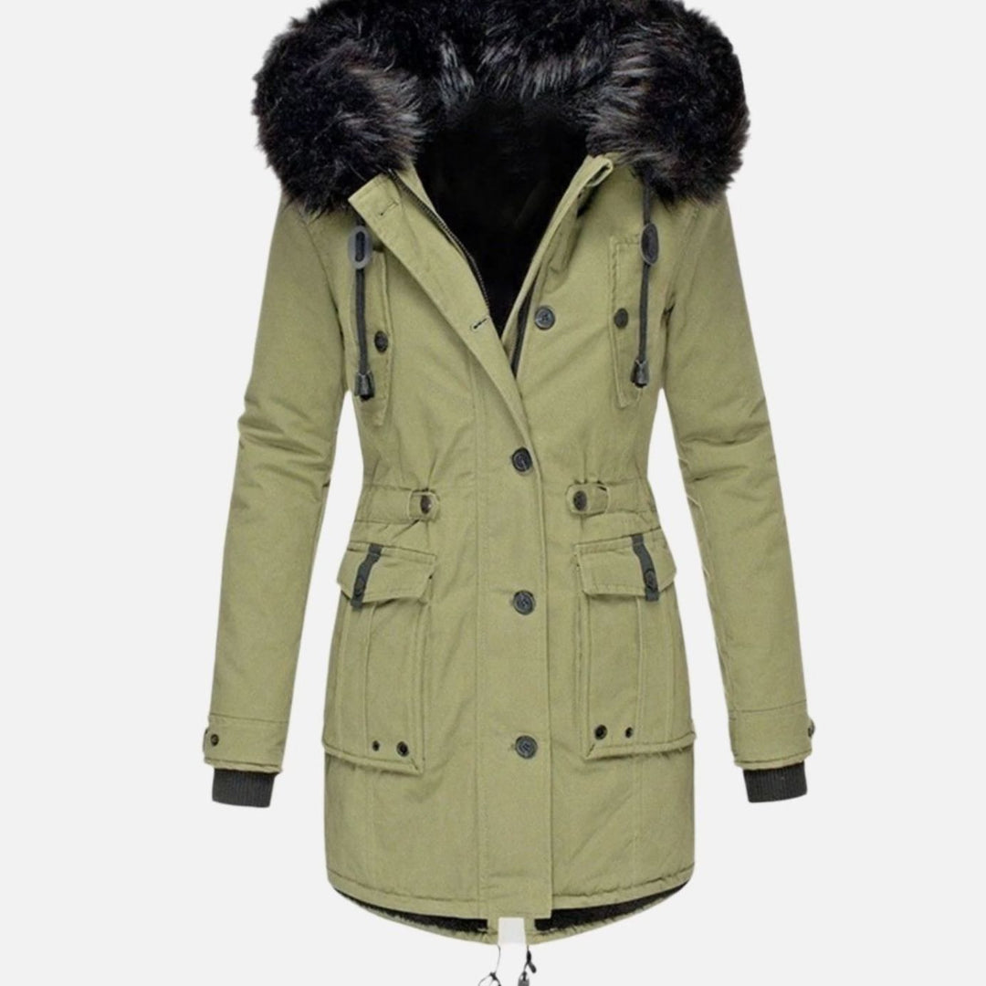 Damen Warme Longline Kapuzen Winterjacke mit Fellkragen - Grün