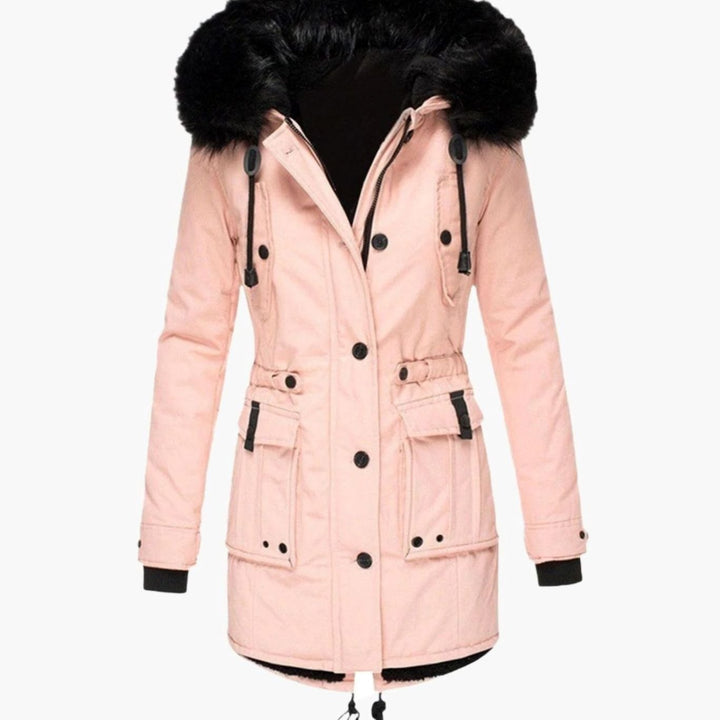 Damen Warme Longline Kapuzen Winterjacke mit Fellkragen - Rosa