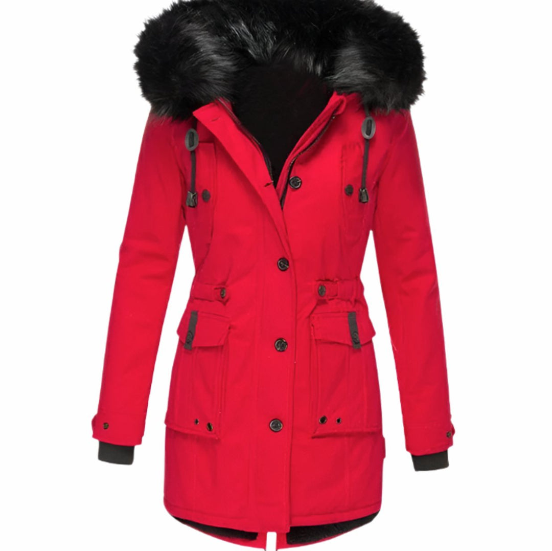 Damen Warme Longline Kapuzen Winterjacke mit Fellkragen - Rot