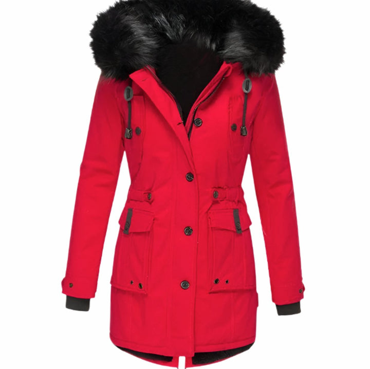 Damen Warme Longline Kapuzen Winterjacke mit Fellkragen - Rot