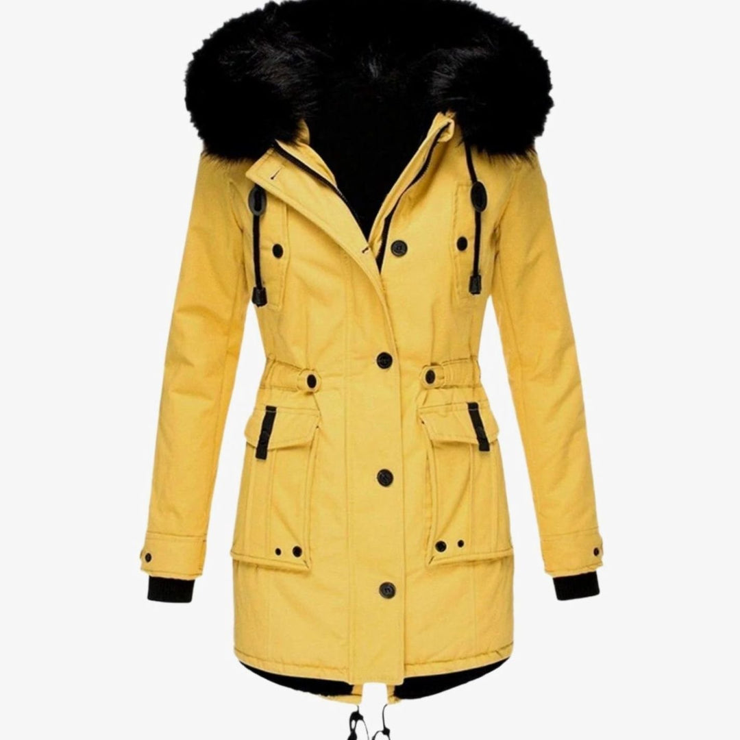 Damen Warme Longline Kapuzen Winterjacke mit Fellkragen - Gelb