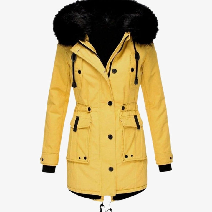 Damen Warme Longline Kapuzen Winterjacke mit Fellkragen - Gelb