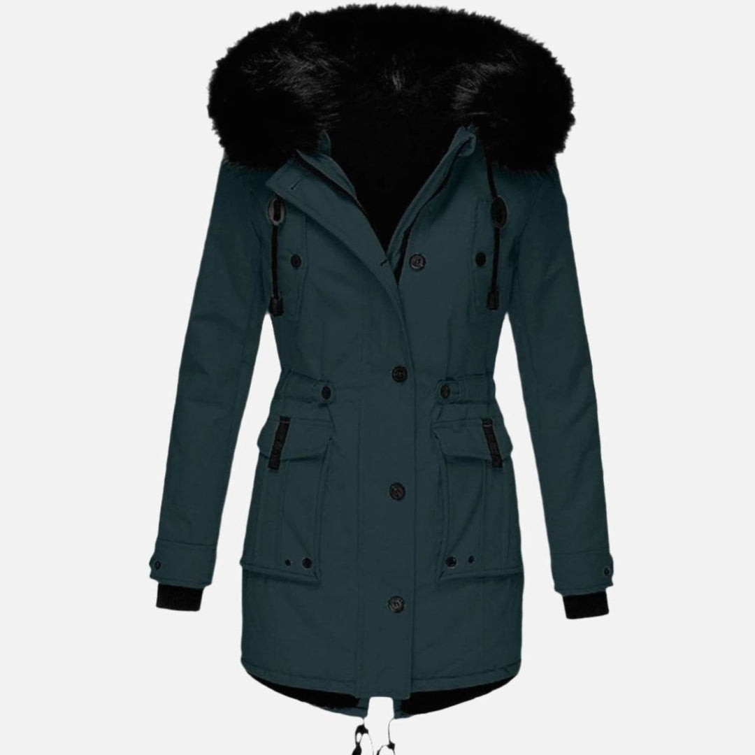 Damen Warme Longline Kapuzen Winterjacke mit Fellkragen