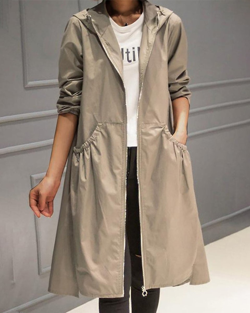 Damen Wasserabweisender Langer Trench Coat mit Kapuze - Khaki