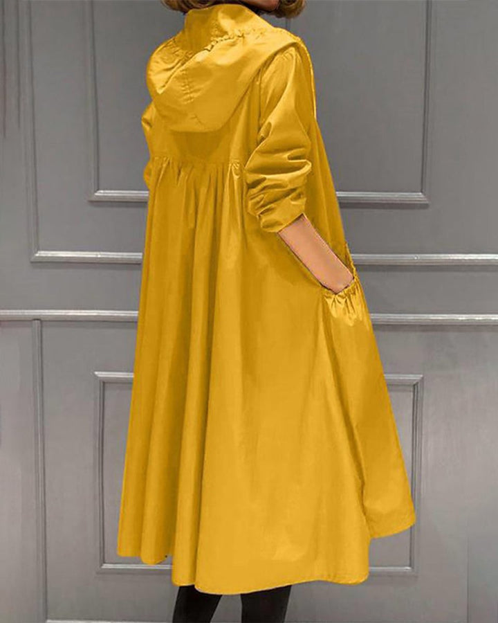 Damen Wasserabweisender Langer Trench Coat mit Kapuze - Gelb
