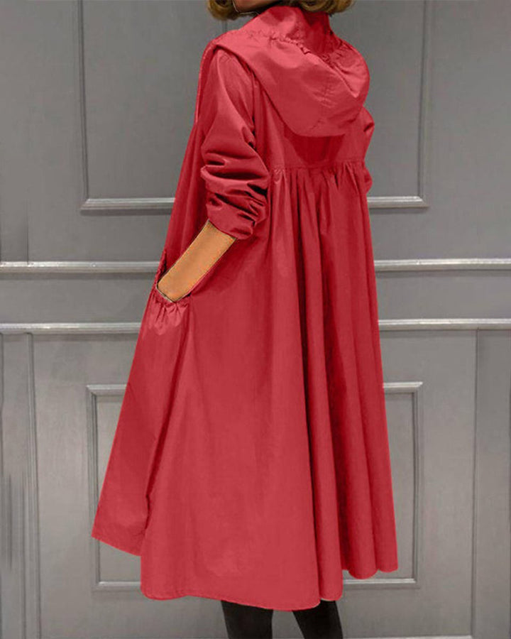 Damen Wasserabweisender Langer Trench Coat mit Kapuze - Rot