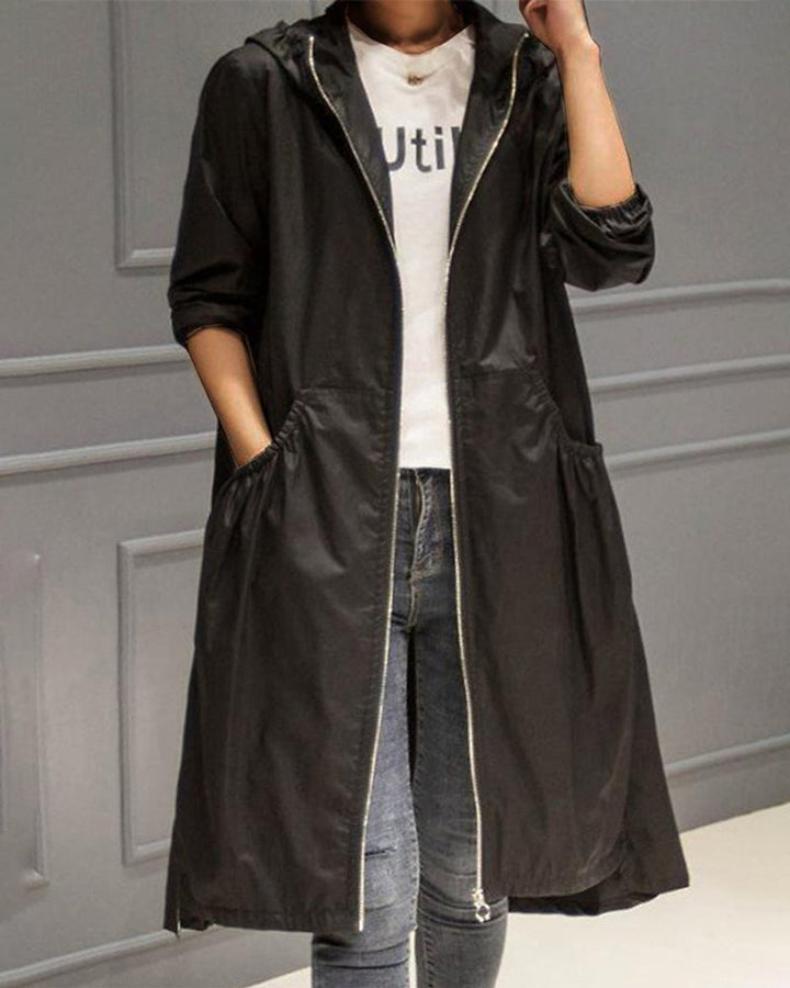 Damen Wasserabweisender Langer Trench Coat mit Kapuze - Schwarz