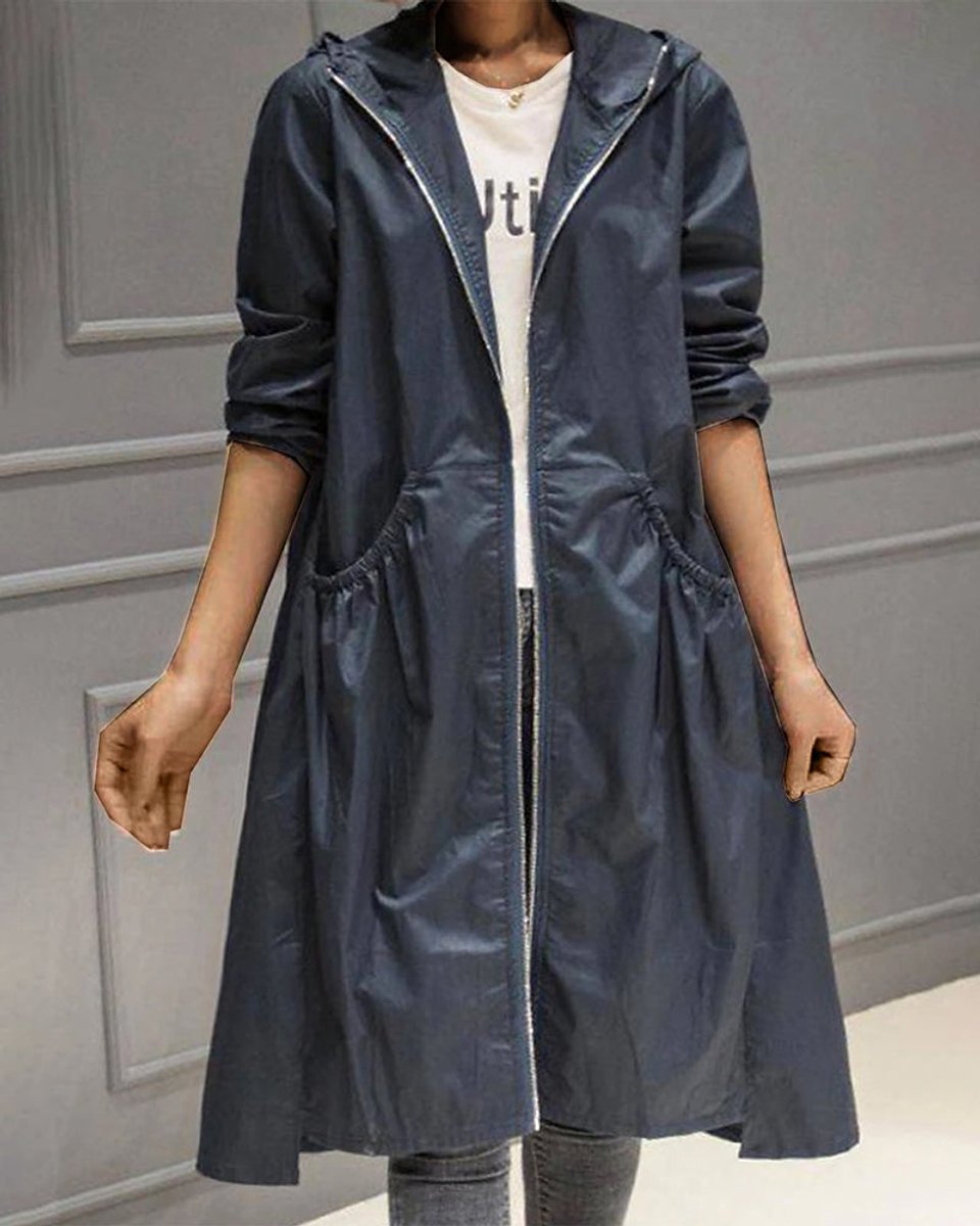 Damen Wasserabweisender Langer Trench Coat mit Kapuze - Marineblau