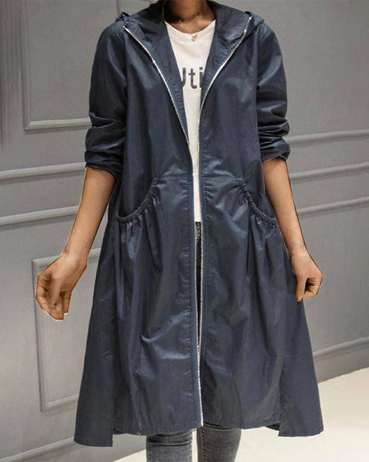Damen Wasserabweisender Langer Trench Coat mit Kapuze - Marineblau