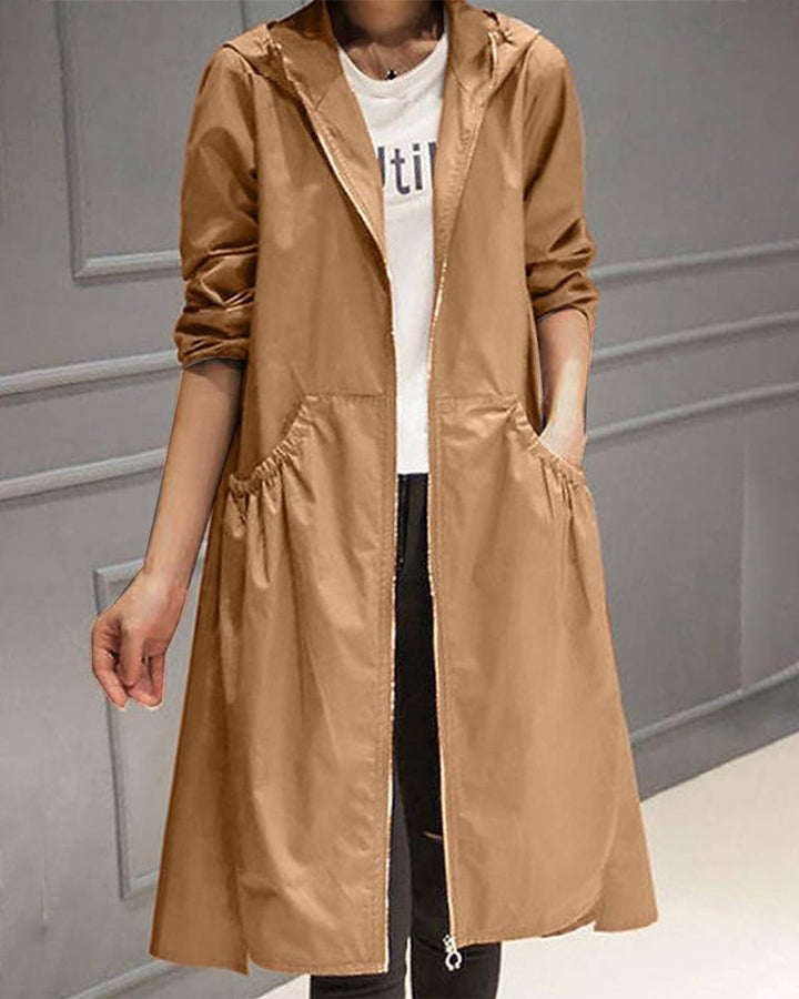 Damen Wasserabweisender Langer Trench Coat mit Kapuze - Braun
