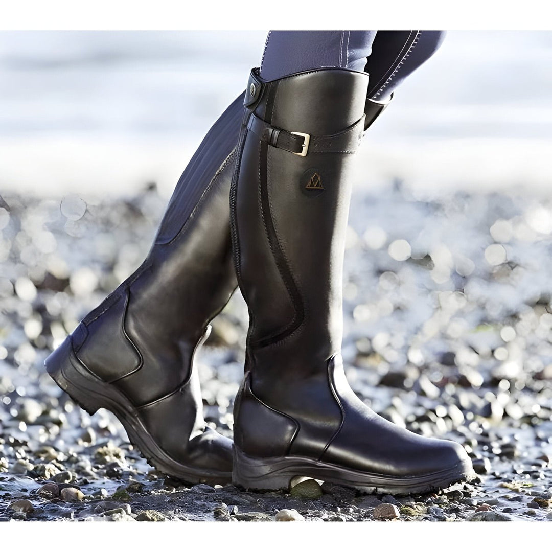 Damen Wasserdichte Knee High Boots Kniehoch Lederstiefel Schnalle - Schwarz
