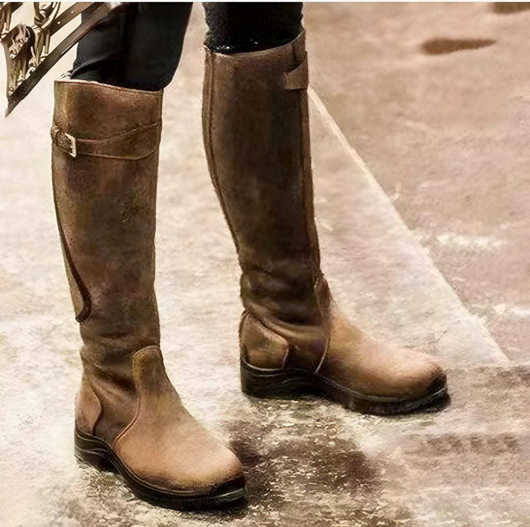Damen Wasserdichte Knee High Boots Kniehoch Lederstiefel Schnalle - Braun