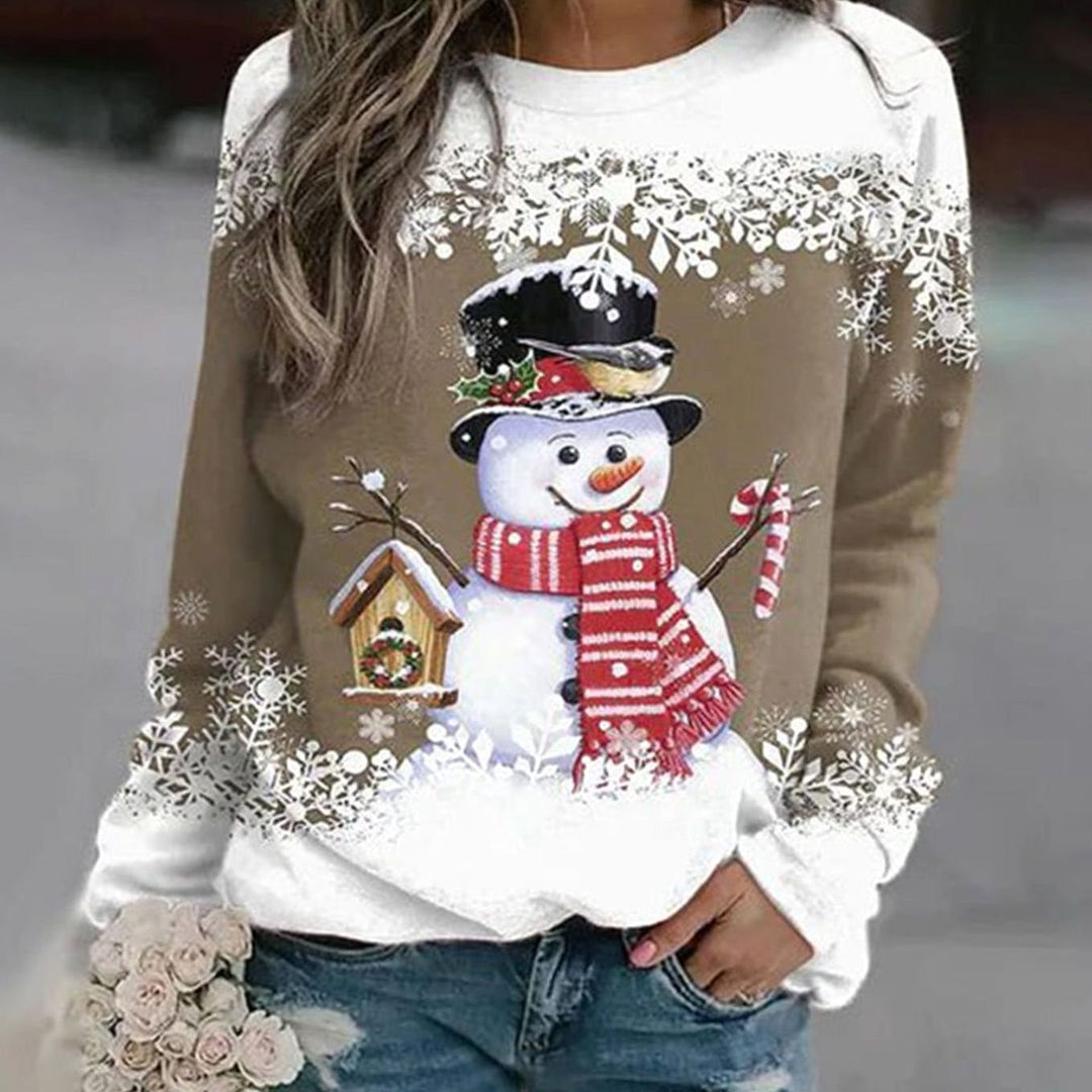 Damen Weihnachts-Sweatshirt mit Schneemann-Motiv lockere Passform - Khaki