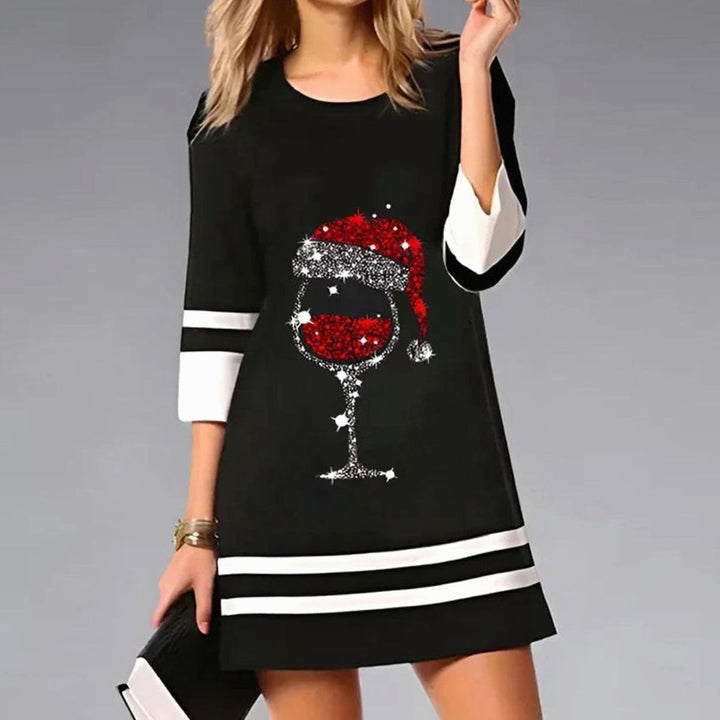 Damen Weihnachtskleid mit Rentierdruck Pailletten A-Linie Minikleid - Schwarz 2