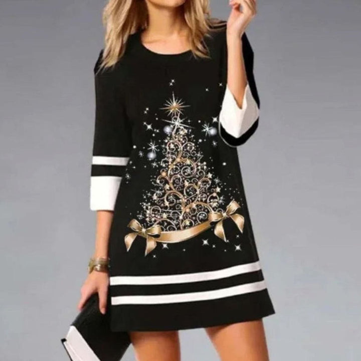 Damen Weihnachtskleid mit Rentierdruck Pailletten A-Linie Minikleid - Schwarz 4